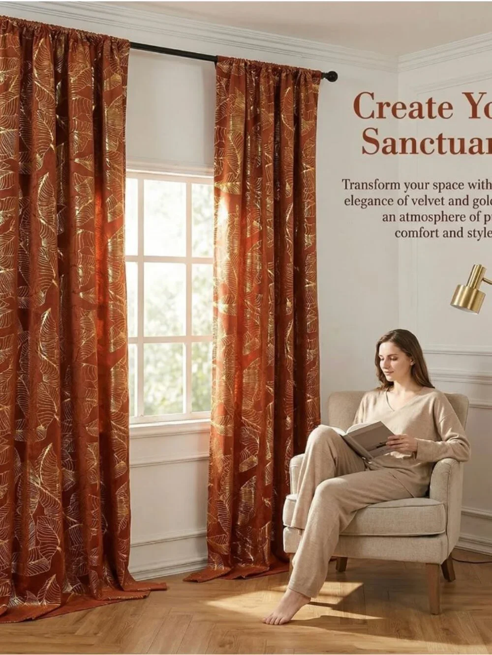 Burnt Orange Curtains with Gold Leaf